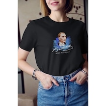 Kadın Bisiklet Yaka Atatürk Baskılı Oversize Kısa Kol T-shirt - Siyah Siyah