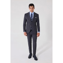 Sabri Özel Erkek Gri Dar Kesim Slim Fit %100 Yün Mono Yaka Çizgili Çift Yırtmaçlı 6 Drop Takım Elbise