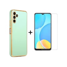 Samsung Galaxy A04s Uyumlu Kenarları Parlak Altın Renkli Kılıf Ve Temperli Cam Ekran Koruyucu
