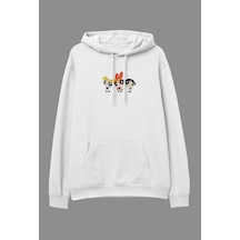 Startmore Oversize Powerpuff Girls Tasarım Baskılı Kapüşonlu Sweatshirt Hoodie Beyaz Beyaz