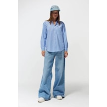 Mixray 4367 Kadın Çizgili Oversize Gömlek Mavi