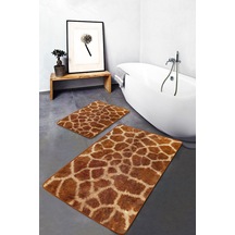 2'li Set Kahverengi Zeminde Zürafa Motifli Kürk Desenli Sade & Şık Klasik 2'li Banyo Paspas Takımı