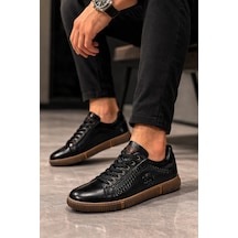 Hakiki Deri Ayakkabı Erkek Sneaker Konforlu Kaymaz Silikon Taban Siyah Siyah