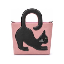 Levano Leather Hakiki Deri Kadın El Ve Omuz Çantası Kedi Figürlü Fermuarlı Çanta Pembe