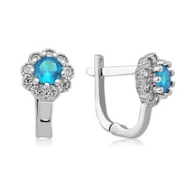 Supertrend Gümüş Turkuaz Çiçek Desenli Yuvarlak J Kadın Küpe Gümüş