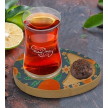 Kişiye Özel Portakal Tasarımlı Doğal Ahşap Tabaklı Heybeli Çay Ba