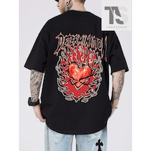 Tarzsokak Street Life Erkek Harf Ve Kalp Baskılı Düşük Omuz T-shirt Siyah