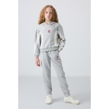 Tommylife Tommy Life Gri Melanj Pamuklu İçi Tüylü Yumuşak Dokulu Standart Fit Baskılı Kız Çocuk Eşofman Takım - 75166 Gri Melanj