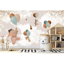 Balonlarla Uçan Sevimli Hayvanlar Desenli Duvar Kağıdı