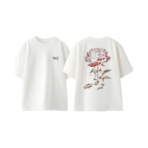 Thewert Rose Gül Tasarım Sırt Baskılı Pamuk Beyaz Oversize T-shirt