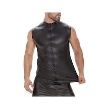 Deri Dik Yaka Sıfır Kollu Yelek Siyah