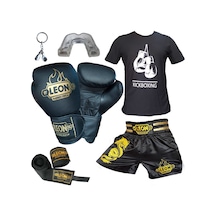 Kogam Boks Eldiveni, Leon Dragon Kick Boks Şortu, Tişört, Bandaj,Siyah