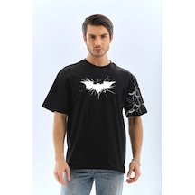 Erkek Bisiklet Yaka Tişort Ön Ve Kol Yarasa Baskılı T-shirt - Siyah Siyah
