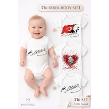 Babyden's Atatürk İmzalı 3 Lü Bebek Body Seti %100 Pamuk, Kısa Kollu,unisex Bebek Zıbın Beyaz