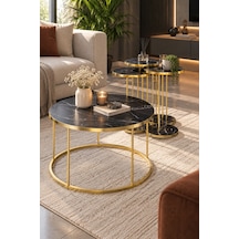 Sulorahome Siyah Mermer Desenli Gold Metal Ayaklı 4'lü Sehpa Seti Altın - Siyah