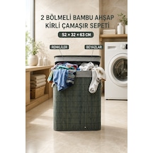 100 Litre Bambu Kirli Çamaşır Sepeti 2 Bölmeli Modern Tasarım Çamaşır Sepeti Beyaz Renkli Ayrı Gri