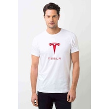 Tesla Motors Logo Baskılı Beyaz Erkek Tshirt