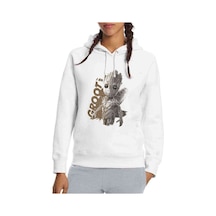 I Am Groot Brush Baskılı Beyaz Kadın Kapşonlu Sweatshirt