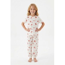 Bunny Hopp Kız Çocuk Pijama Takımı %100 Pamuk Çilek Desenli Yazlık Kısa Kollu Beyaz