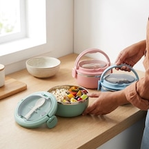 700 Ml Paslanmaz Çelik Yemek Kabı, Kaşıklı, Saplı Ve Kilitli Yuvarlak Lunch Box, Mavi Yeşil Pembe Renk Seçenekli, 12x11x13cm Kapaklı Saklama Ve Taşıma Kabı Çok Renkli