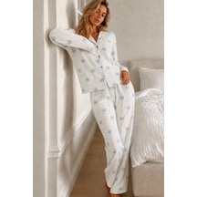 Fit Women Kadın Desenli Düğmeli Uzun Kollu Beyaz Pijama Takımı