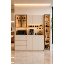 Dolce Kahve Köşesi 208 Cm 3 Kapaklı+çekmeceli+tek Kapaklı Temperli Cam Kapaklı Çok Amaçlı Dolap Led Işıklı Vizon