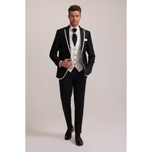 Ysf Erkek Siyah Kırlangıç Yaka Yelekli Desenli Slim Fit Damatlık