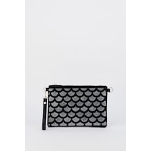 Vivaq Kadın Yelpaze Gümüş Taşlı Süet Bilek Askılı Ve Zincir Askılı Portföy El Ve Clutch Çanta SİYAH