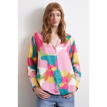 V Yaka Desenli Gömlek Pudra Pudra