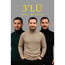 Butik İstanbul Erkek Fitilli Triko Kazak 3lü Set Bej Haki Siyah Regular Balıkcı Yaka Tam Boğazlı Triko Seti Modeli Kazak Çok Renkli
