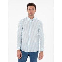 Cacharel Turkuaz Regular Fit Çizgili Alttan Biritli Yakalı Gömlek Yeşil