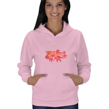 Pembe Yaprak Desenli Sweatshirt Kadın Kapşonlu