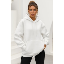 Kadın Ekru Kanguru Cepli Kapüşonlu Scuba Sweatshirt Ekru