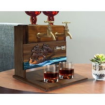 Bk Gift Kişiye Özel Kabartma Gemi Tasarımlı Çift Musluklu Doğal Ahşap İçki Standı-10, İçki Standı, Doğum Günü Hediyesi, Ev Hediyesi, Erkek Hediye Bitm