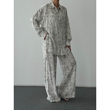Quzu Batik Desenli Ekru Kadın Gömlek Gml01755
