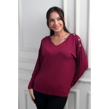 By Saygı Kadın V Yaka Omuzu Düğmeli Likralı Çilek Bluz-42167 Murdum