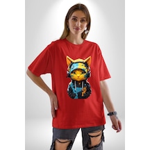 Bandana Kedi Kulaklık Çeket Pamuklu Bisiklet Yaka Unisex Oversize Boyfriend Dijital Baskılı Kırmızı T-shirt Kırmızı