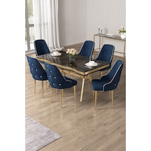 Canisa Vae Serisi 90x160 Lak Panel Antrasit Ironi Gold Ayak Masa Takımı 6 Lacivert Sandalye Antrasit İroni Masa Lacivert Sandalye Ayaklar Gold