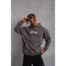 Erkek Kordon İpli Baskılı Kapüşonlu Sweatshirt - Füme Füme