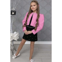 Riccotarz Kız Çocuk Üzeri Taş Işlemeli Etek Askılı Penye Bluz Ve Pembe Blazer Ceket Etekli Takım 001