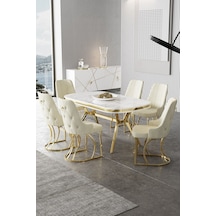 Canisa Epal Serisi 90x168 Lak Panel Beyaz Mermer Desen Masa Takımı Gold Ayaklı 6 Krem Sandalye Beyaz Mermer Desen Masa Sandalyeler Krem