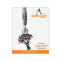 Kırmızı Çiçiek Buketli Sallantılı Charm Gümüş