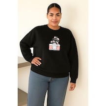 Benroma 3 İplik Penye Çiçekli Fotoğraf Makinesi Baskılı Büyük Beden Unisex Sweatshırt Siyah