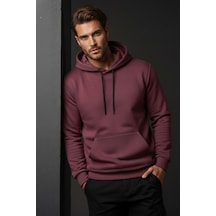 Unisex Kışlık Mürdüm Rengi Üç İplik Şardonlu Pamuklu Kalın Kapüşonlu Hoodie Sweatshirt Çok Renkli