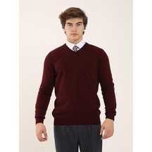 Dufy Bordo Erkek Slim Fit V Yaka Triko - 91117