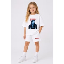 Fasardi Manifest Girls Mina Baskılı Oversize %100 Pamuk Tişört Şort 2li Çocuk Takım Beyaz