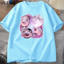 Flood Of Style Üç Moo Deng Ay Tshirt Erkekler Kadınlar Fuuny Karikatür Sevimli Moodeng T-shirt Pamuk Kısa Ko Mavi