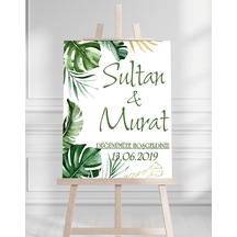 Söz Nişan Düğün İçin 50x70 Karşılama Panosu - Yeşil Yaprak Tasarımlı Beyaz