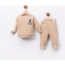 Ayıcık Baskılı Bisiklet Yaka Düğme Detaylı 2'li Bebek Takım Bej