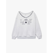 Koton Uzun Kollu V Yaka Biyeli Nakışlı Oversize Sweatshirt Kar Melanj 6wal10462ık Gri Melanj